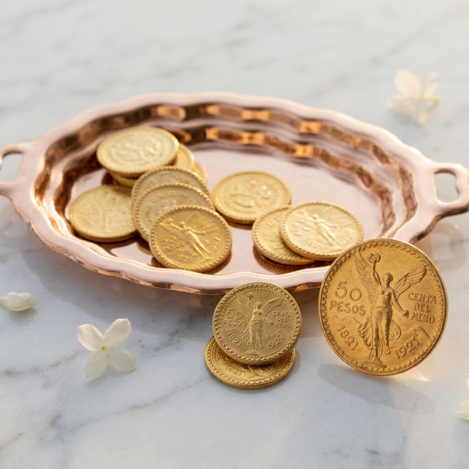 JUEGO DE ARRAS CENTENARIO CON CHAROLA COLOR ORO ROSA