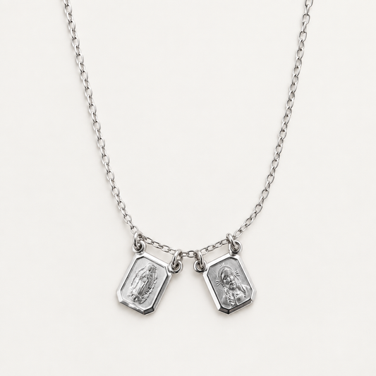 Collar Escapulario Virgen de Guadalupe y Sagrado Corazón Plata Ley .925 con Baño de Rodio | Hecho en México